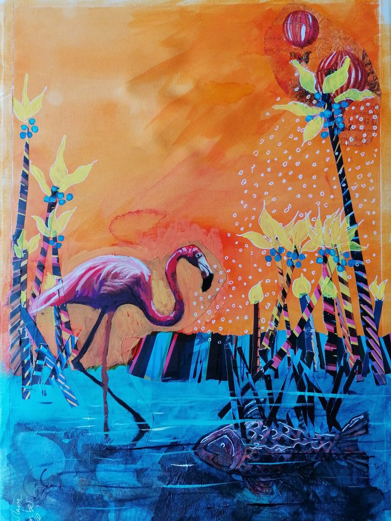 A flamingo with a fantasy background